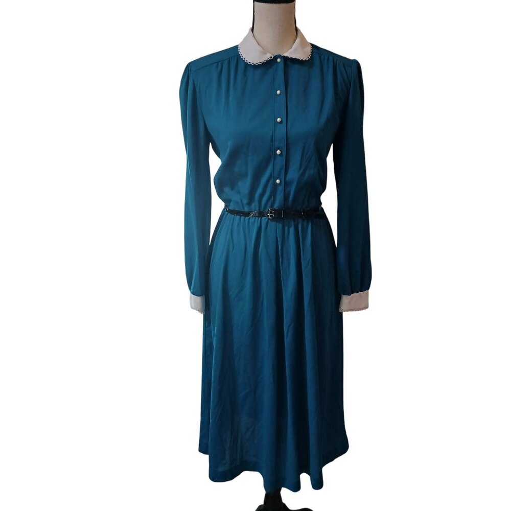 VTG 1970s Sears Green Dress White Peter Pan Collar Button Size 14M W/Belt #E-23
